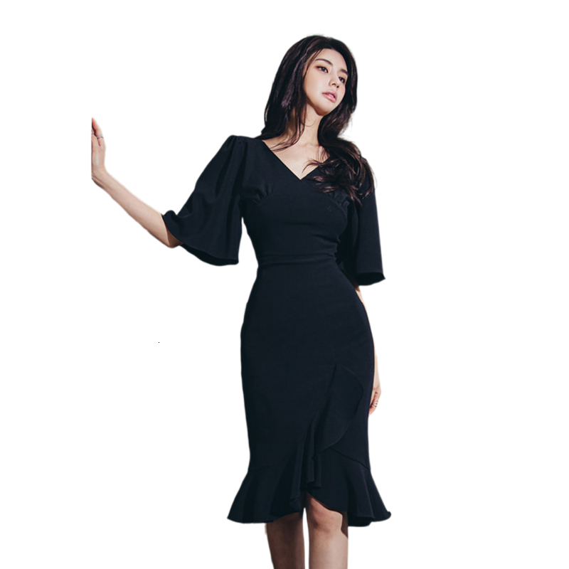 

2021 New Sexy Office Lady Short Sleeve Summer Casual Elegant V-neck Women Solid Es Bodycon 4blp, Black