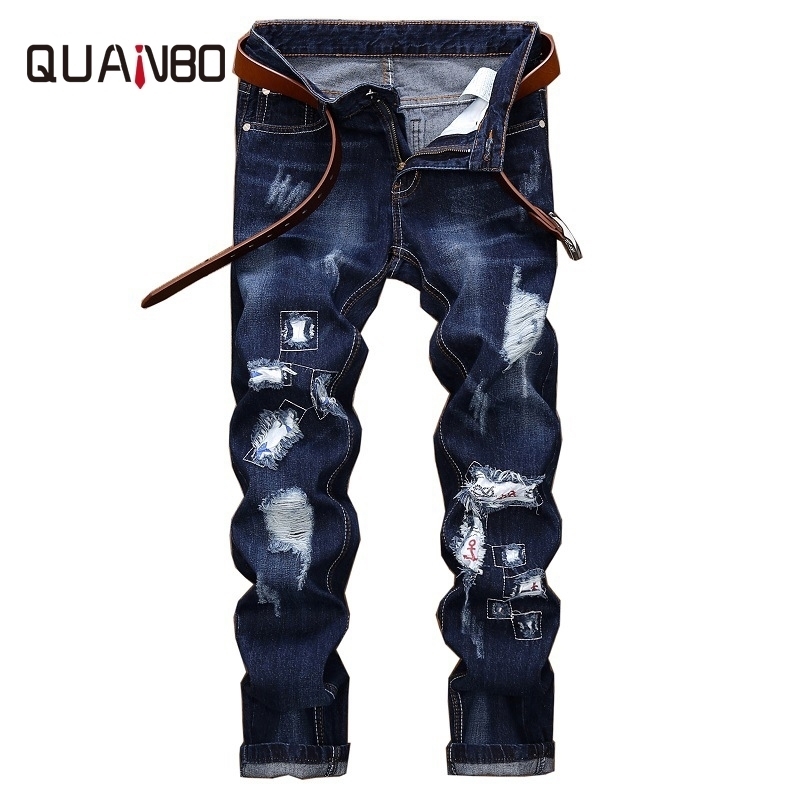 

QUANBO New Spring Fashion Hole Jeans Men Long Trousers Embroidered Cotton Classic Straight Jeans Plus size Blue N2040 201111