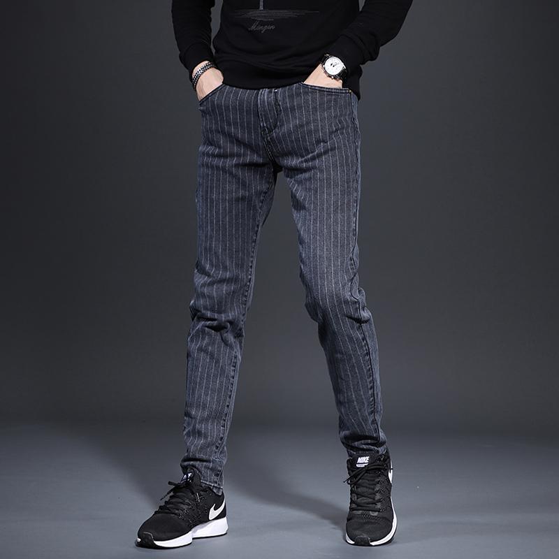 

Gray Men Striped Dark Jeans Fashion Stretch Straight Denim Pants 2020 Autumn Winter Slim Fit Jean Trousers, Dark grey