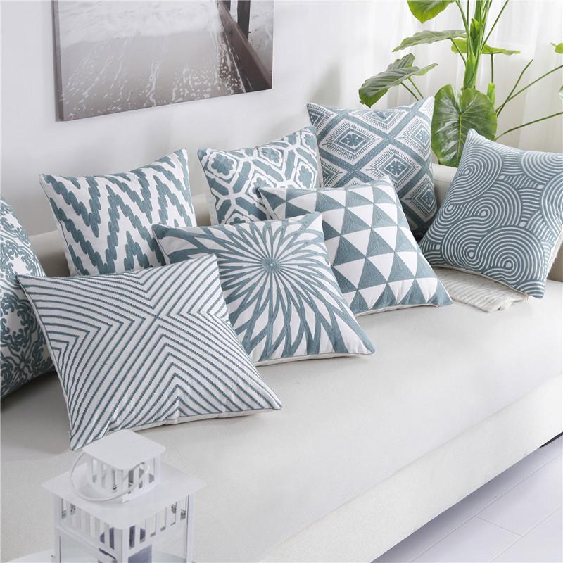 

Blue White Cushion Cover Fashion Geometric Embroidery Pillow Case For Sofa Bed Car Simple Decorative Cushion Covers 45x45cm
