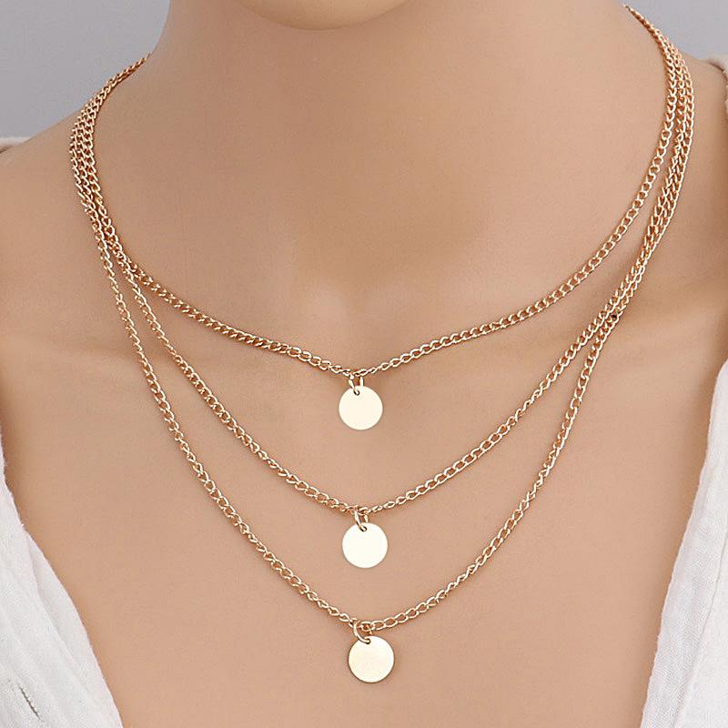 

1 PCS New Trendy MultiLayer Gold Color Geometry Round Sequins Shape Pendant Necklace For Women Choker Punk Chain Fashion Gifts