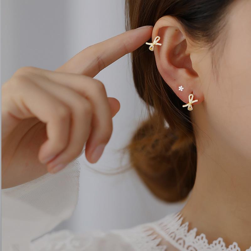 

925 sterling silver Earring fashion zircon golden Bow ear ring ear bone simple wild trend style women girl jewelry