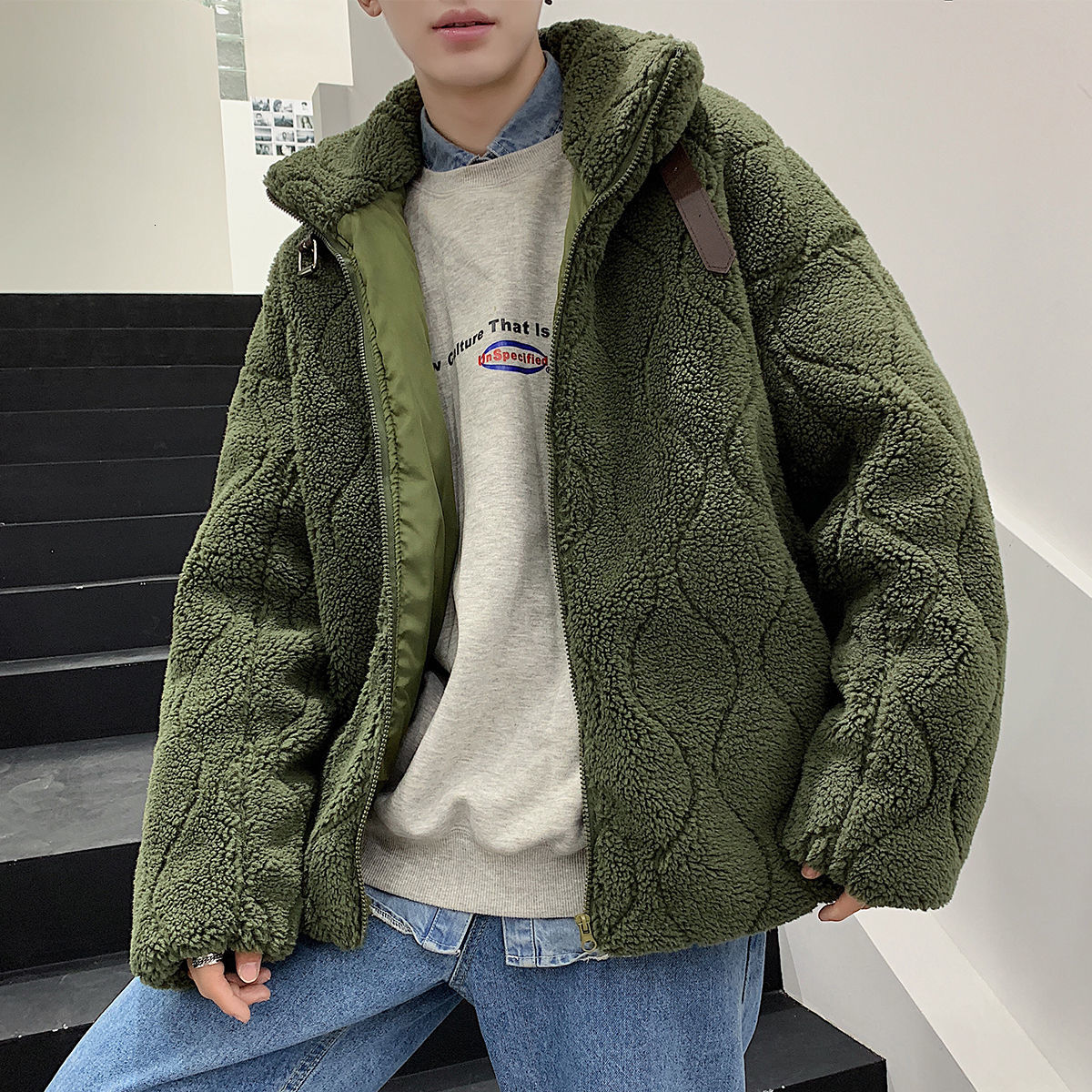 

Autumn 2021 Men' Thin New Lamb Long Hair Jacket Male Youth Wear XDTS, Green.