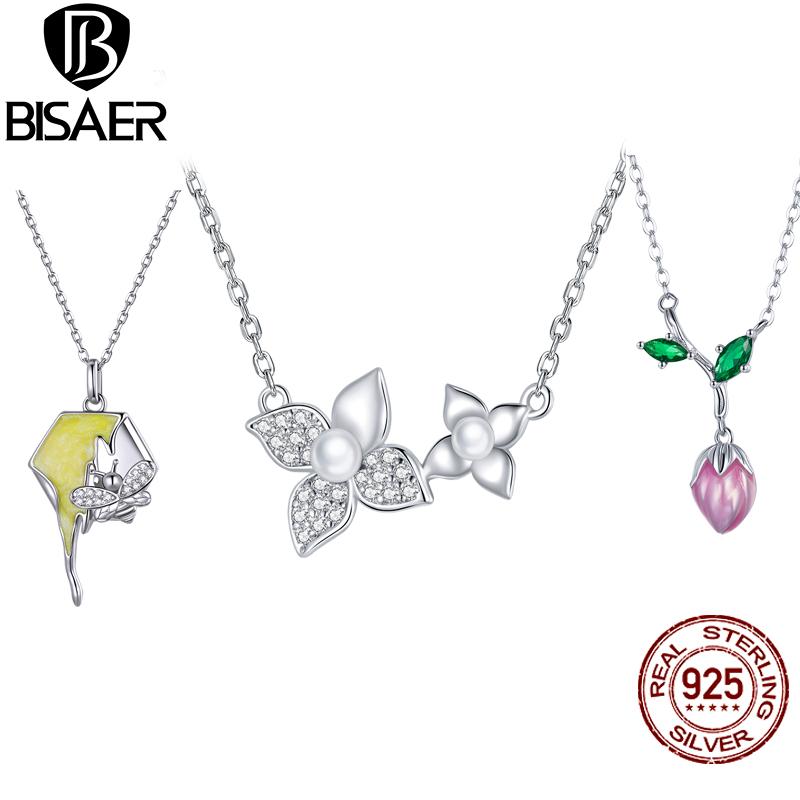 

BISAER Necklaces 925 Sterling Silver Budding Flower Honeycomb Pendant for Women Simple Fine Necklace Jewelry Collar EFN213