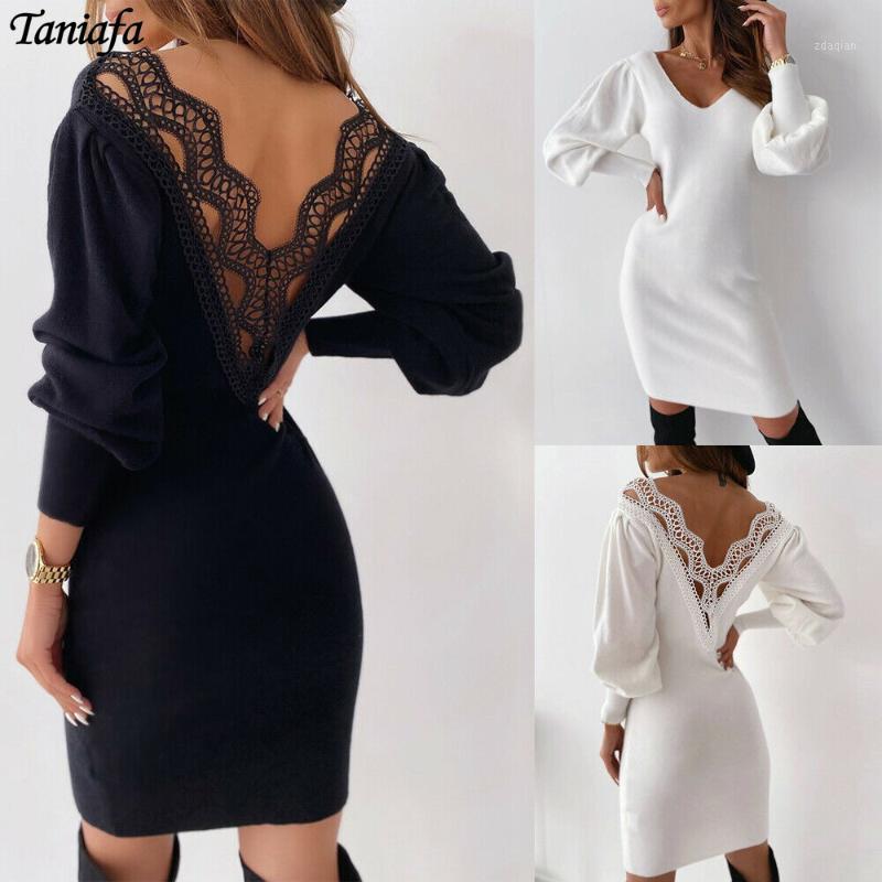 

Autumn Fashion Women' Backless Knitted Sweater Dress Lady Sexy V Neck Party Bodycon Puff Sleeve Lace Dress Jumper1, White