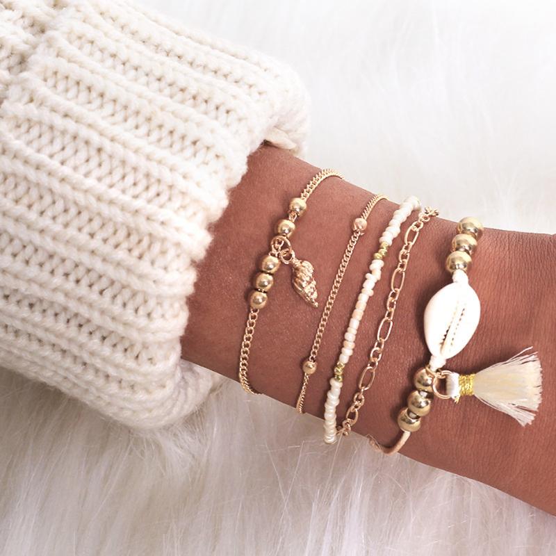 

Charm Bracelets Bohemia Conch Shell Woman Golden Beads Rope Tassel Chain Bracelet Set Female Fashion 2021 Jewelry