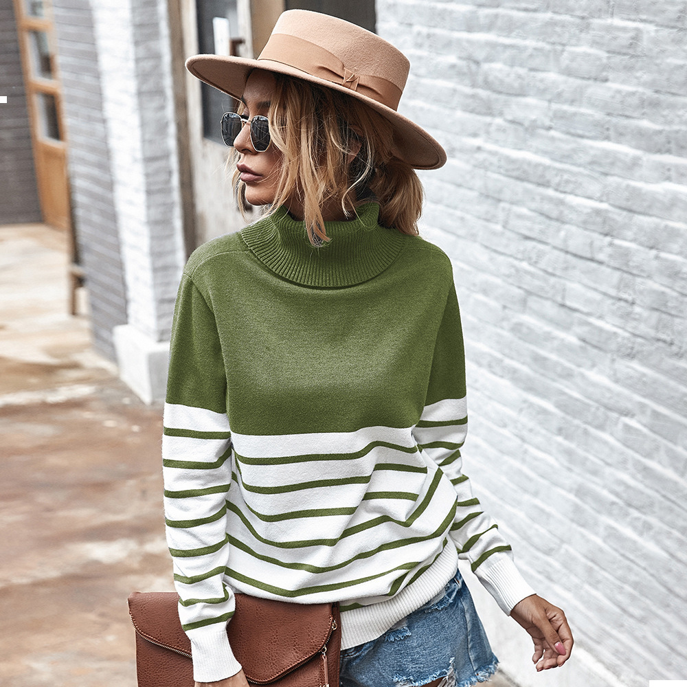 

New Autumn 2021 and Winter Turtleneck Stripes Women's Pullovers Street Wear 56pk TFXC, Games