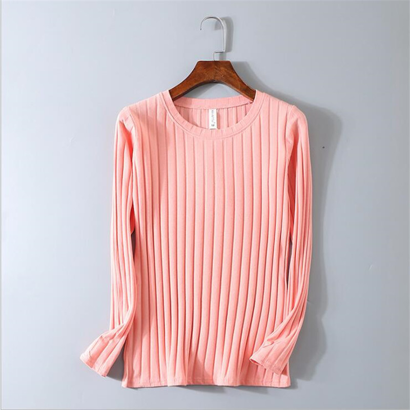 

Spring Thin Women's 95% Cotton Striped Solid Color Long-sleeved T-shirt Female M-3XL Super Elastic Slim O-neck Girls Tops Tee 201125, Pink