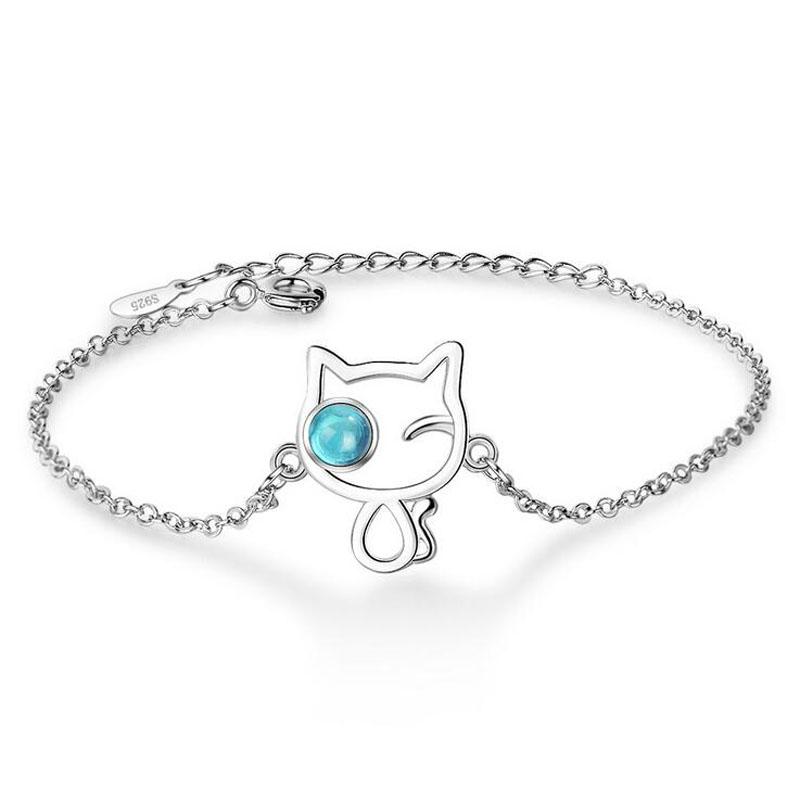 

Trendy Design 925 Sterling Silver Clear Crystal Cute Blue Cats Chain Bracelet For Girls Women Bangle Creative Gift Korea Jewelry