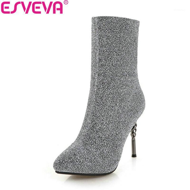

ESVEVA 2020 Women Shoes Stretch Fabric Thin High Heels Ankle Boots Winter Shoes Slip on Western Style Woman Size 34-431, Black