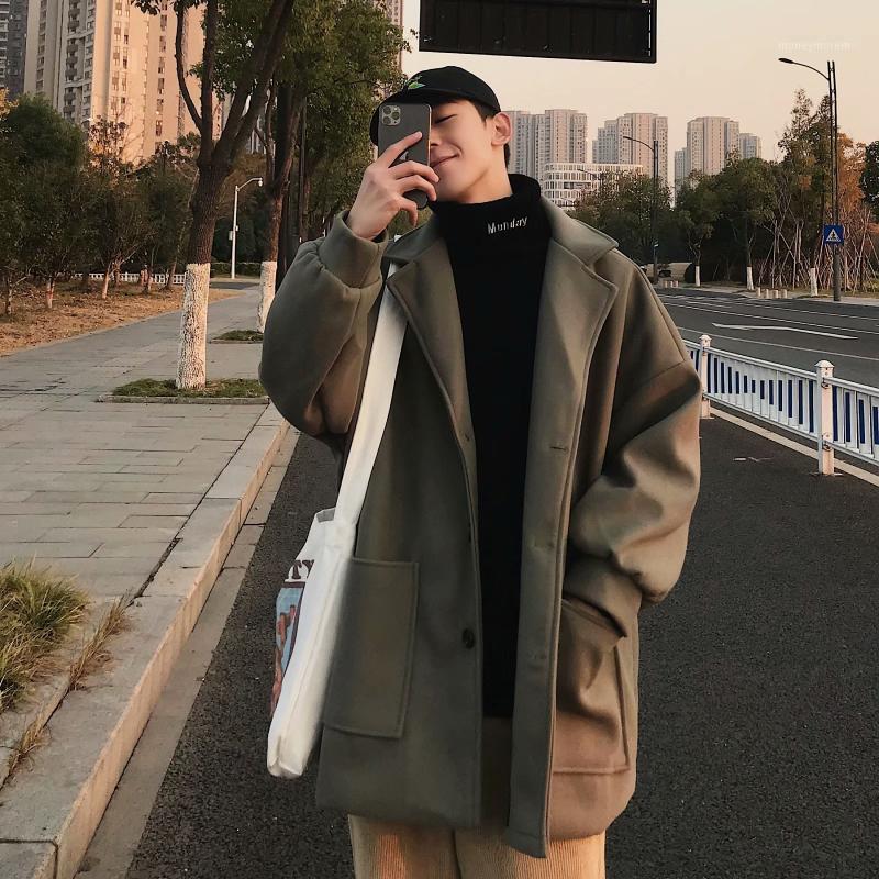 

Winter Men Woolen Coat Korean-Style Trend Students Hong Kong Style Mid-Length Jacket British Couples Windbreaker1, Green