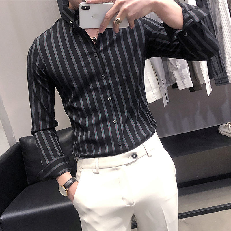 

Spring 2021 Men's and New British Winter Striped Thin Shirt Male Clothes 6DLO, Black