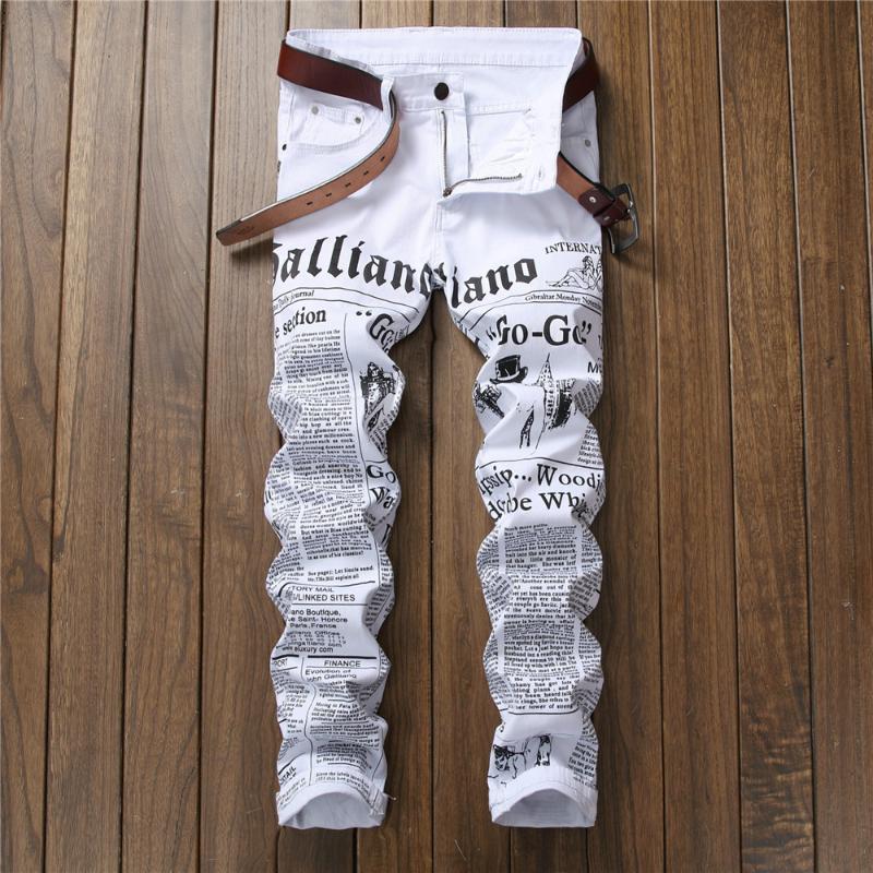

2020 New Men Streetwear Personality Ripped Printed White Skinny Jeans Hip Hop Punk Casual Motorcycle Stretch Denim Pant Trousers, Picture color