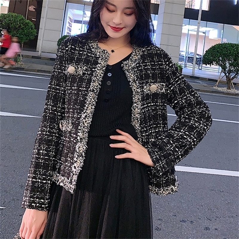 

New Womens Black Tweed Jackets Plaid Coats Autumn Small Fragrance Long Sleeve Elegant Tassel Jackets Open Stitch Coats Outerwear 201210