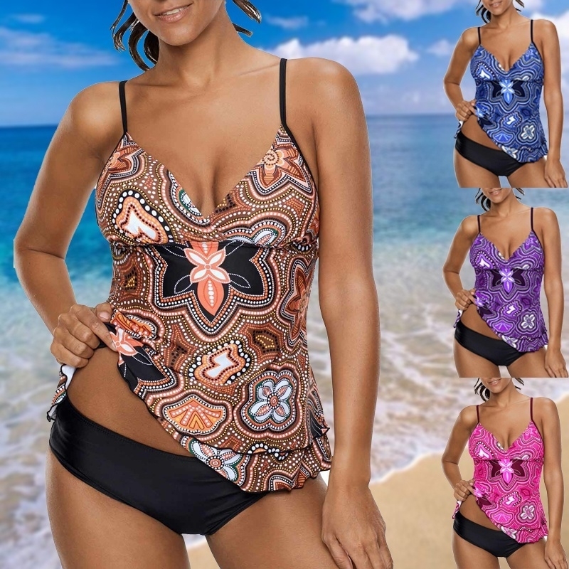 

Sport Large Size Swimwear Sexy Plus Size Swimsuit XXXXXL Biquini Beach Wear Printed Spaghetti Strap Layered Tankini Set Y200319, Pink