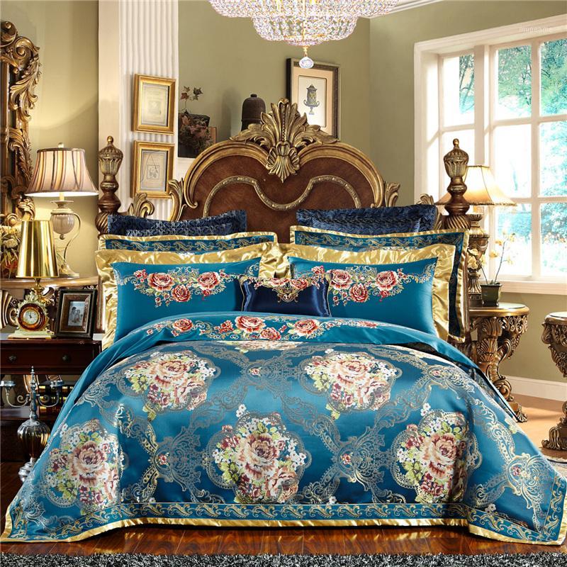 

Blue European Royal Wedding Bedding Set Silk Satin cotton Jacquard Queen King Duvet Cover Bed sheet Bed Linen Pillowcases1