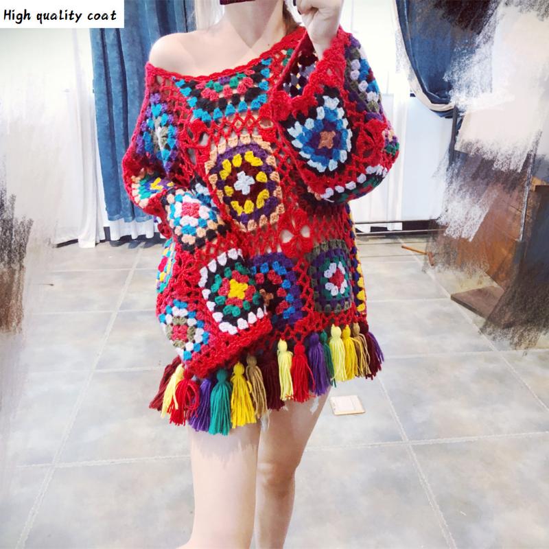 

New 2021 Hot Sales Ladies Boho Blouse Hollow-out Sweater Jumper Fashion Casual Pierced Pullover Women Autumn Summer Knitwear, Red