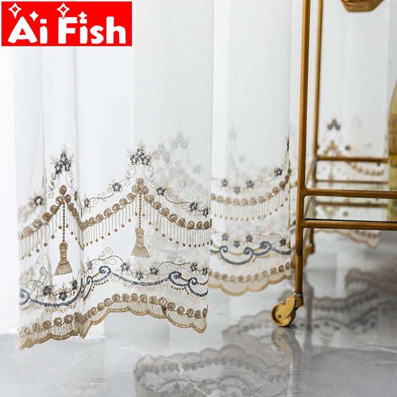 

Luxury Exquisite Blue Floral Embroidered Tulle Curtains for living room Gold Lace Tassel Pendant Pattern Curtains Tulle MY320#3