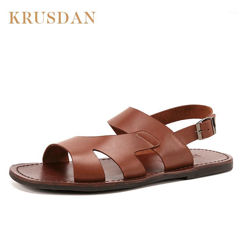 

Summer Genuine Leather Men's Sandals Beach Man Sandal Outdoor Men Casual Buckle Slip On Sandals Free Shipping Brown Slide Sandal1