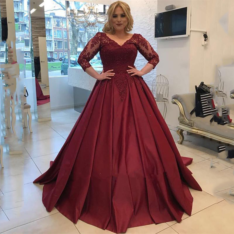 

Arabic Plus Size 3/4 Long Sleeves Lace Prom Dresses with Beads Appliques Court Train Satin Formal Evening Party Gowns, Pink