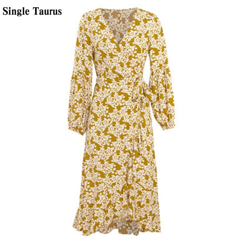 

Yellow Floral Print Dresses for Women Long Sleeve V Neck Sexy Lady A Line Streetwear Casual Streetwear Maxi Spring Dress Robe