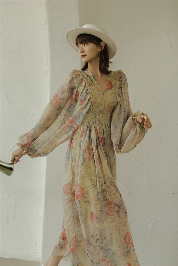 

2021 Vintage Spring Summer X-long Batwing Dressed As a Party Chiffon Printed Long Female Dress Looses V-neck Ankle-length M2od, Blue