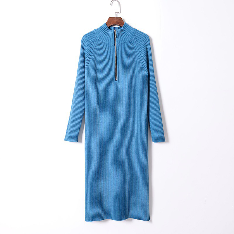 

2021 New Zipper Long Knit Women Straight Maxi Autumn Winter Thick Warm Female Sweater Dress Rib Turtleneck Pullover Dresses 54al, Blue