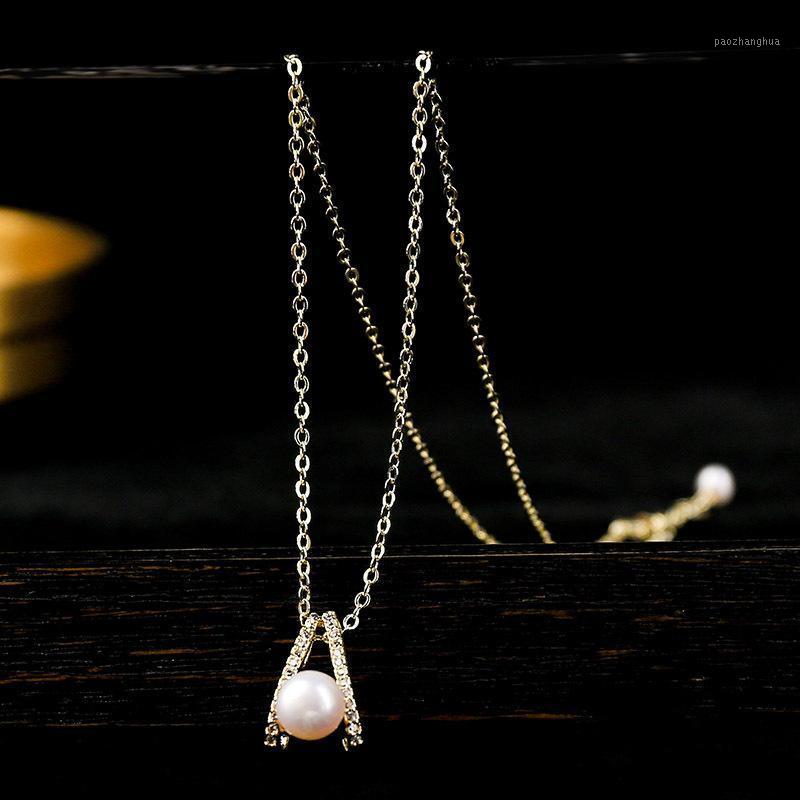 

Chains Fashion Micro Zirconia A Shape Pendant Necklace Women Simple Freshwater Pearl Wedding Engagement Choker XL021, Silver