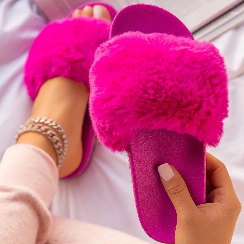

New Women Shoes Summer Flat Slippers Faux Fur Furry Ladies Sandals Open Toe Platform Outdoor Slides Female Large Size Flip Flops1, Black