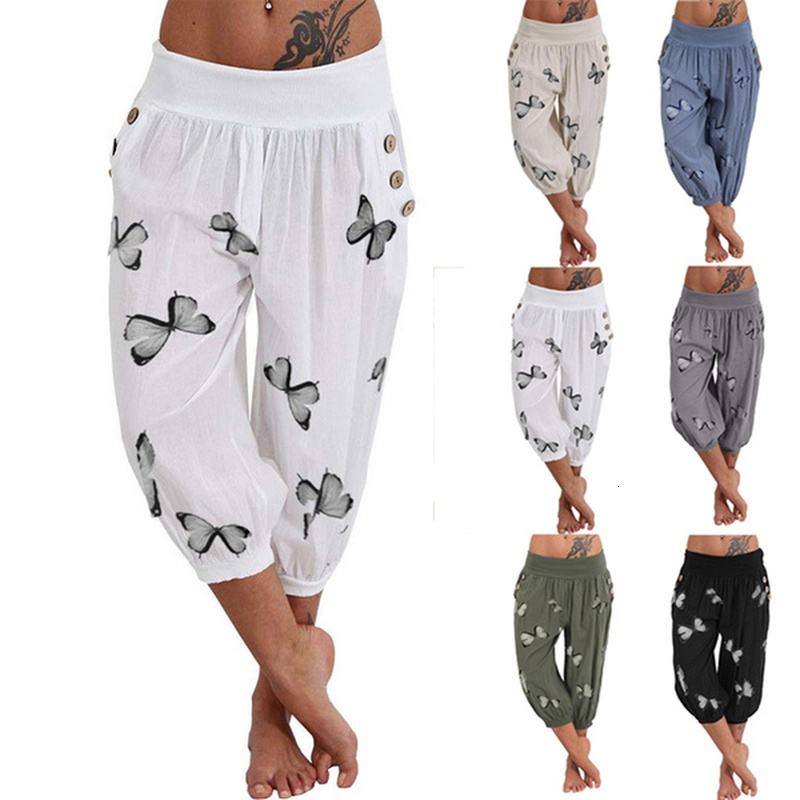 

2021 New Harem Elastic Waistband Pants Summer Butterfly Printed Bottoms Pockets Large Size Women's Britches Loose DJB8, White