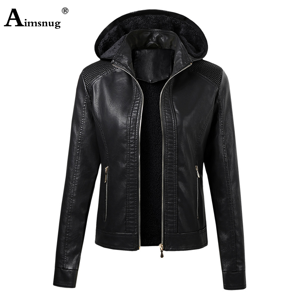 

Aimsnug 2020 New Faux Pu Leather Jackets Women Autumn Hooded Outerwear Pockets Zipper Coat Slim Biker Jacket Hoodies Plus Velvet, Yellow