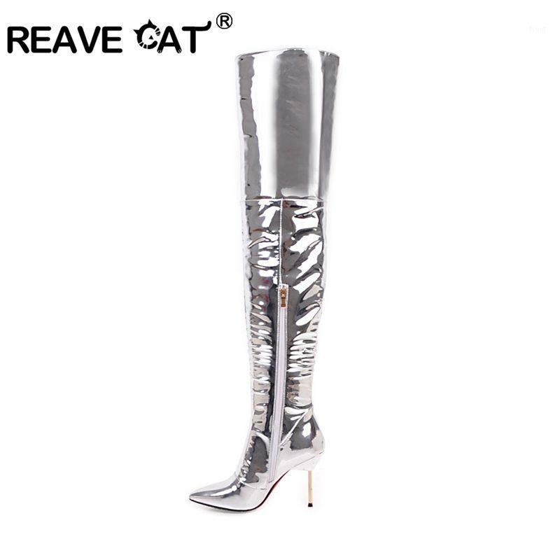 

REAVE CAT Patent PU High Heels Knee Boots Solid Stiletto Pointed toe Party Bar Zipper Thin Heels Female Boot Women Shoes A9201, Silver