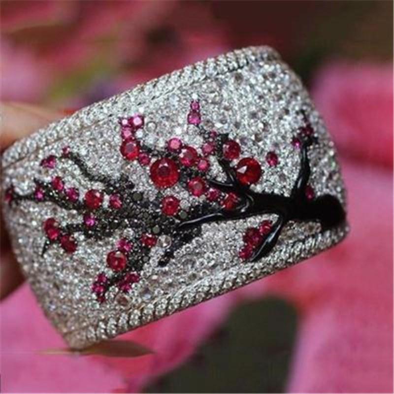 

FDLK Vintage Plum Tree Flower Blossom Paved Red Blue Rhinestones CZ Ring 2020 New Bohemia Cute Banquet Fine Jewelry