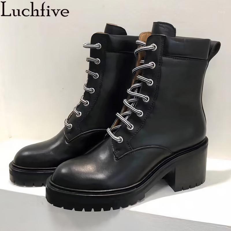 

Lace Up Genuine Leather Women's Boots Chunky Heels Boots Femme Round Toe Shoes Woman Runway Black Ladies1