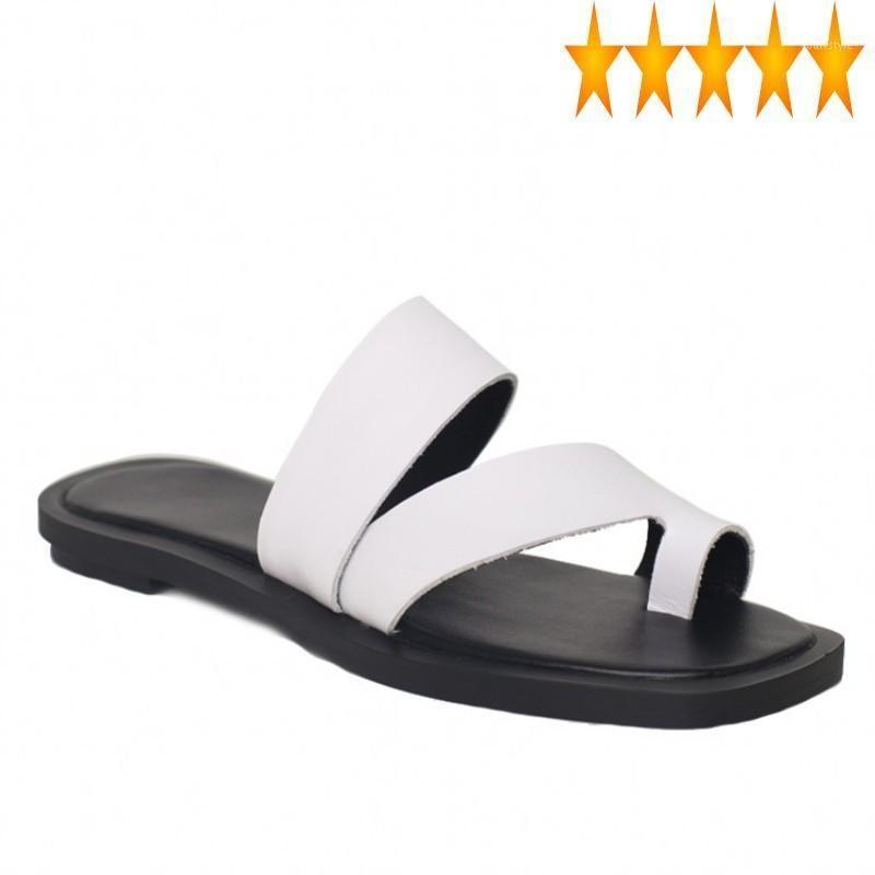

Women 2021 Summer Slippers Square Toe Flip Flops White Black Genuine Leather Leisure Flat Sandal Outdoor Beach Slides Shoes1