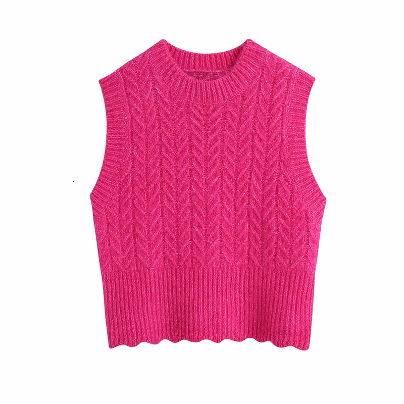 

New 2021  Knitting Woman Winter Cropped Sleeveless Vest Female Cable Knit Vintage Sweater Top Krbn, Rose red
