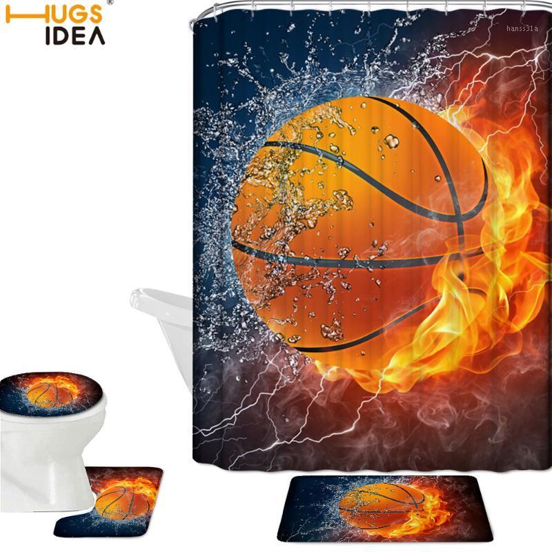 

HUGSIDEA 4Pcs Football/Basketball In Fire Water Pirnt Shower Curtain and Toilet Seat Cover Set Bathroom Non Slip Mats Rugs1