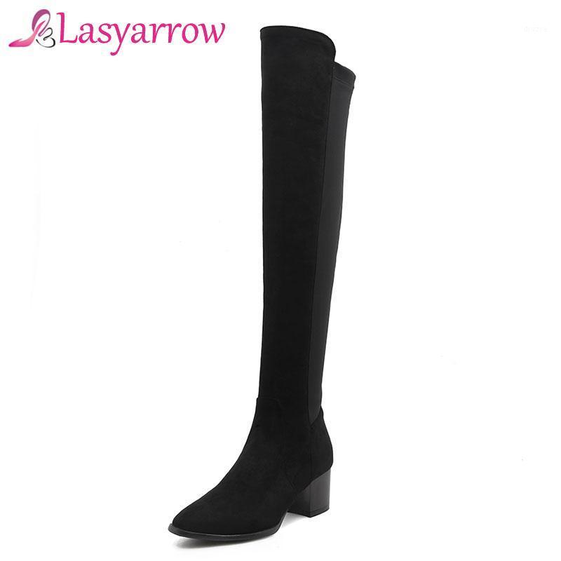 

Lasyarrow Stretch Boots High Heels Pointed Toe Solid Black Thigh High Long Boots Large Size Over the Knee Ladies Footwear1