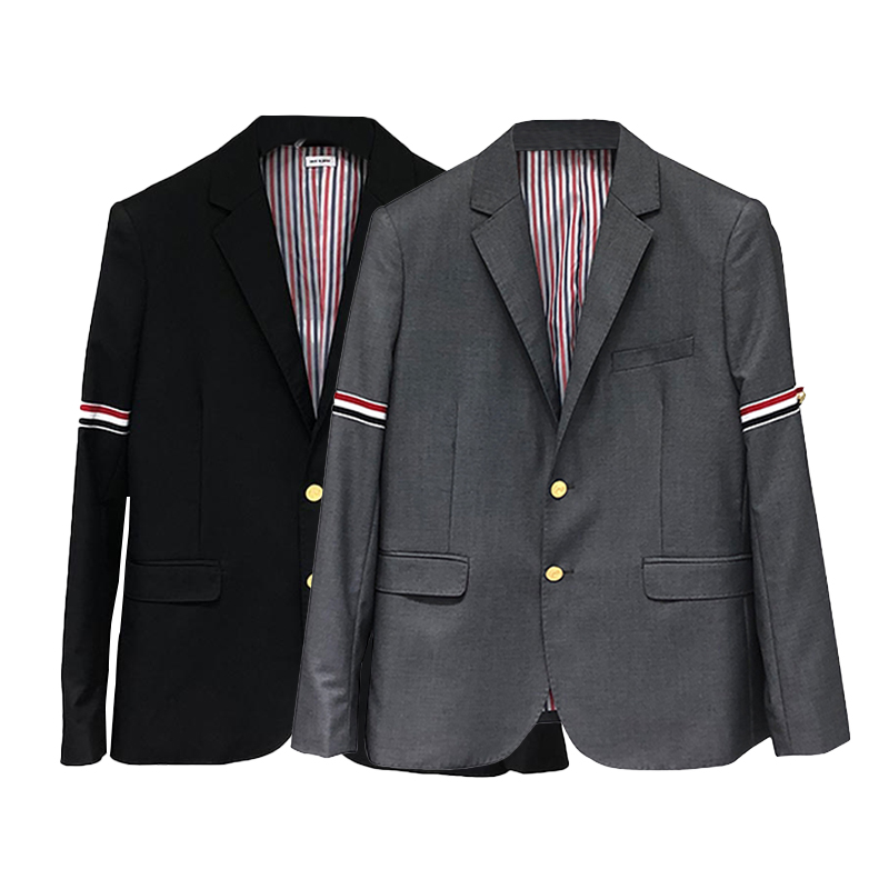 

TB Men's Suit Spring Autumn Men Jacket Fashion Thom Brand Coat Classic Armband Stripe Blazers Wholesale Slim Fit Business Men's Wedding Dress Luxury Harajuku Jackets, Gray