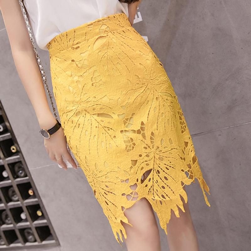 

Korean Style Irregular Hollow Out Crocheted Leaf Lace Slim Midi Pencil Skirts Yellow Green, Black