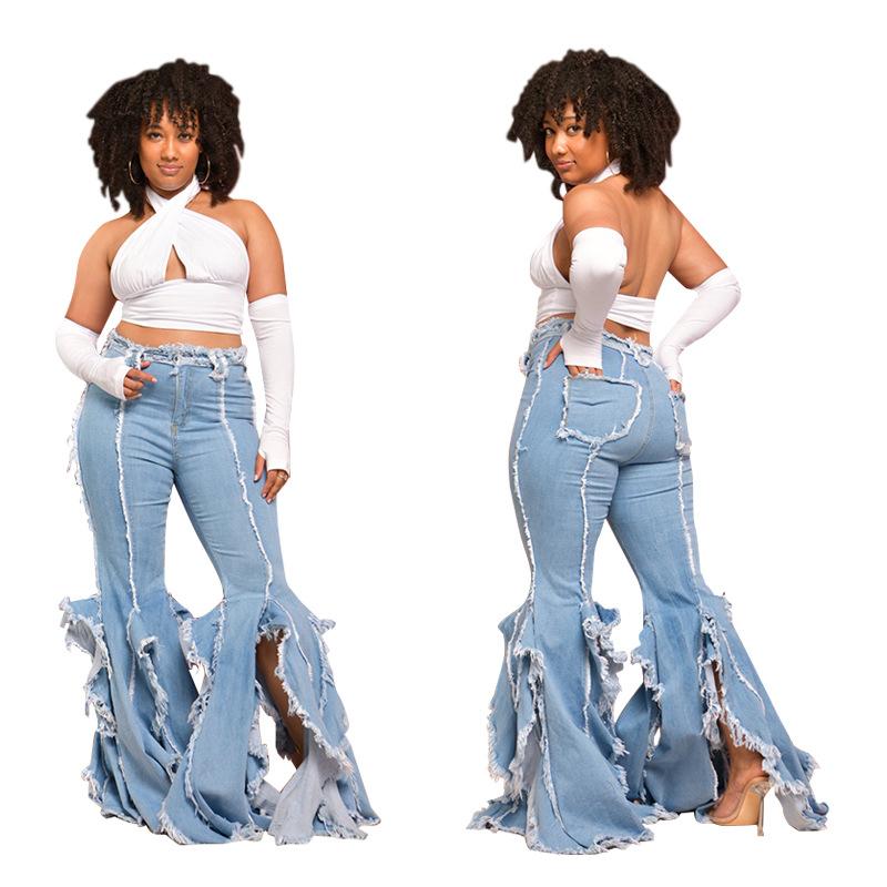 

Women's Jeans Chiclover For Women Customized Wholesale Item Super Stretchy Holed Washed Denim Trouser Street Cowboy Flared Pants, Blue