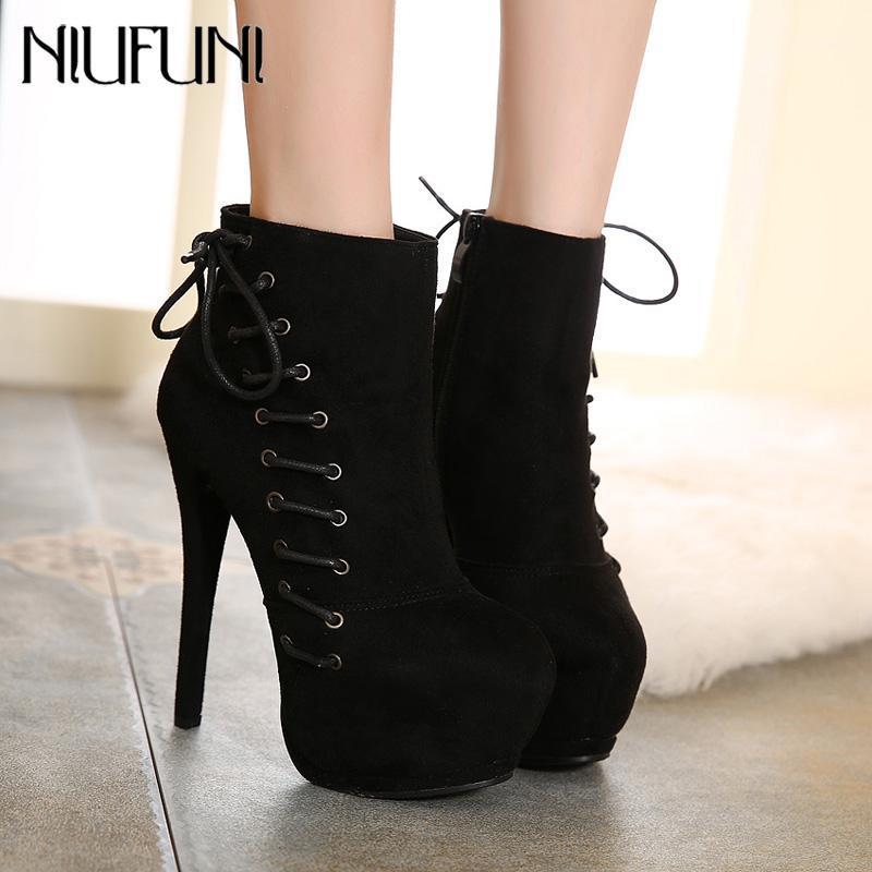 

NIUFUNI Women's Autumn Winter Shoes Fashion Cross Tied Platform Ankle Boots 15cm Ultra High Heels Round Toe Botas Mujer1, Black