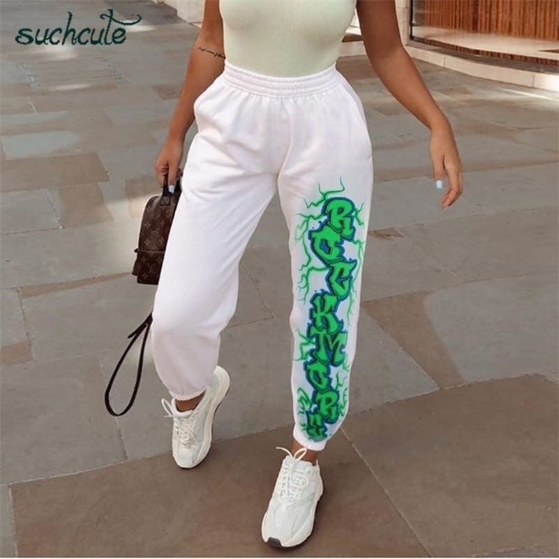 

SUCHCUTE women's joggers cotton harem pants with print Elastic waist Autumn Winter Women's Trousers Gothic Harajuku Pants 201228, White