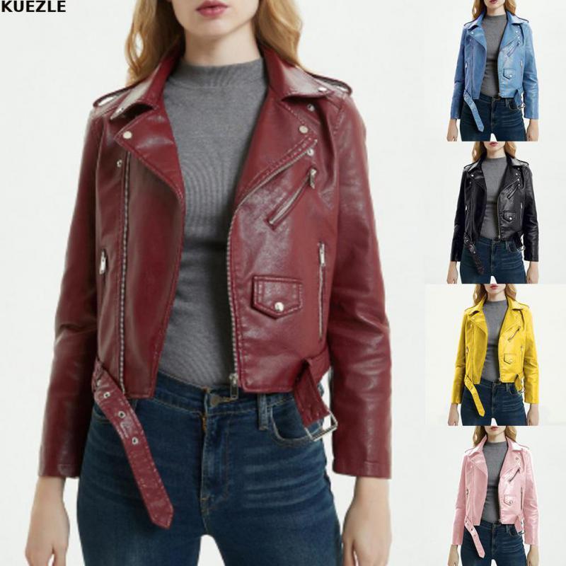 

Vrouwen 2020 Women Autunm Winter Black Fake Faux Leather Jackets Lady PU Zipper Pocket Motorcycle Outerwear Coat Belt elegant XL, 1607 wine red