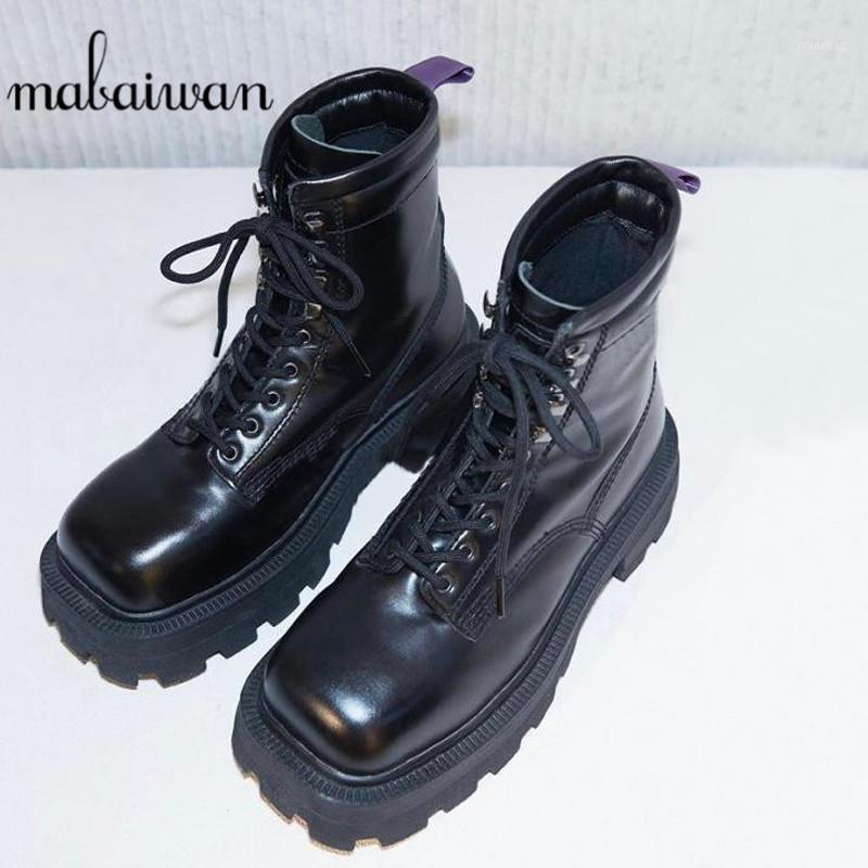 

2020 Fashion Chunky Ankle Boots For Women Platform Autumn Winter Lace Up Boots Women Designer Female Motorcycle Square Toe Shoes1, Black