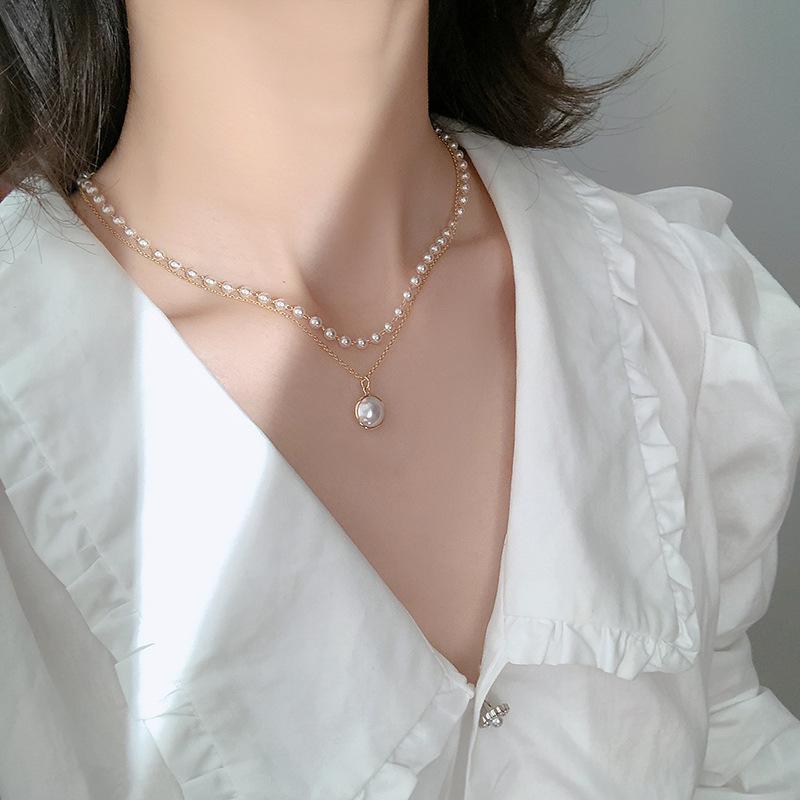 

Double Layer Chain Choker Necklace For Women Beads Pearl Pendant Necklace Gold Color Fashion Jewelry Collar