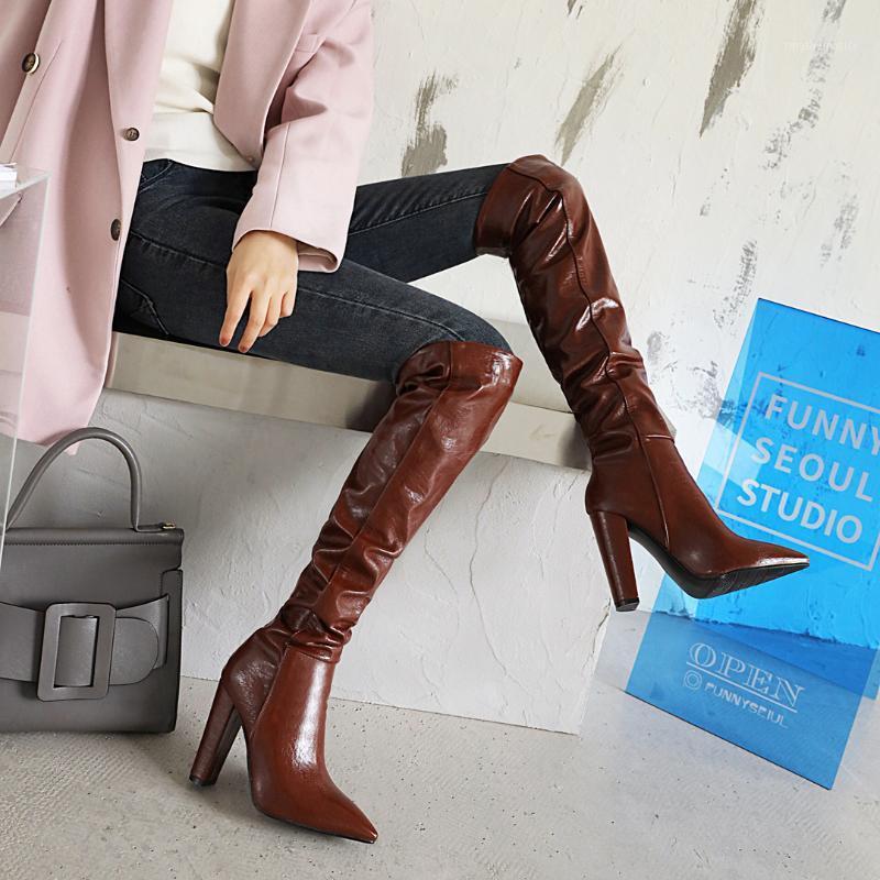 

Blue Pointed Thick Heel Over-The-Knee Women's Boots Super High Thick Heel Set Foot Fold Short Plush Long Tube Warm Boots1, Beige