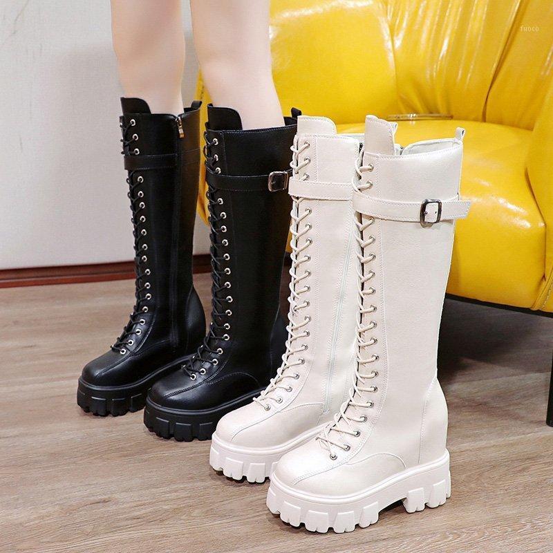 

lace up Wedge Knee High Boots Women Chunky Motorcycle Boots Metal Buckle Thick Sole Long Women Punk Shoes Black Beige 20201