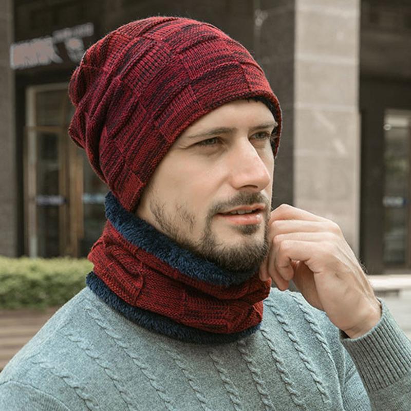 

2Pcs Unisex Winter Beanie Hat Scarf Set Thick Plush Lined Plaid Knit Skull Cap X7YA