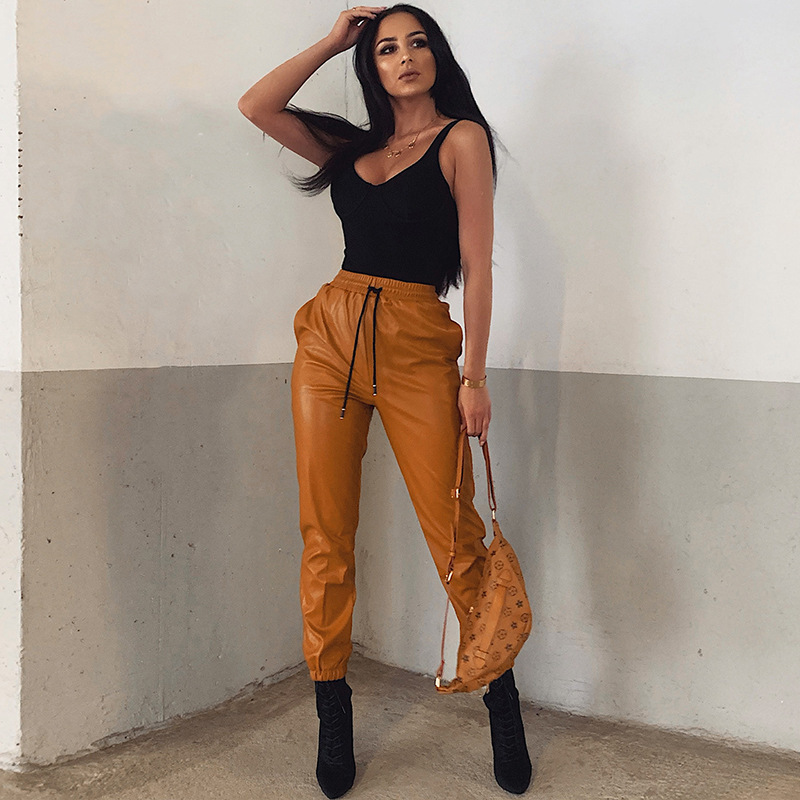 

2021 Leather From Drawstring Plutonium Winter Jogger Pants High-waisted, Sexy Casual Women Wide-waisted Autumn Clothing Z7tp, Black